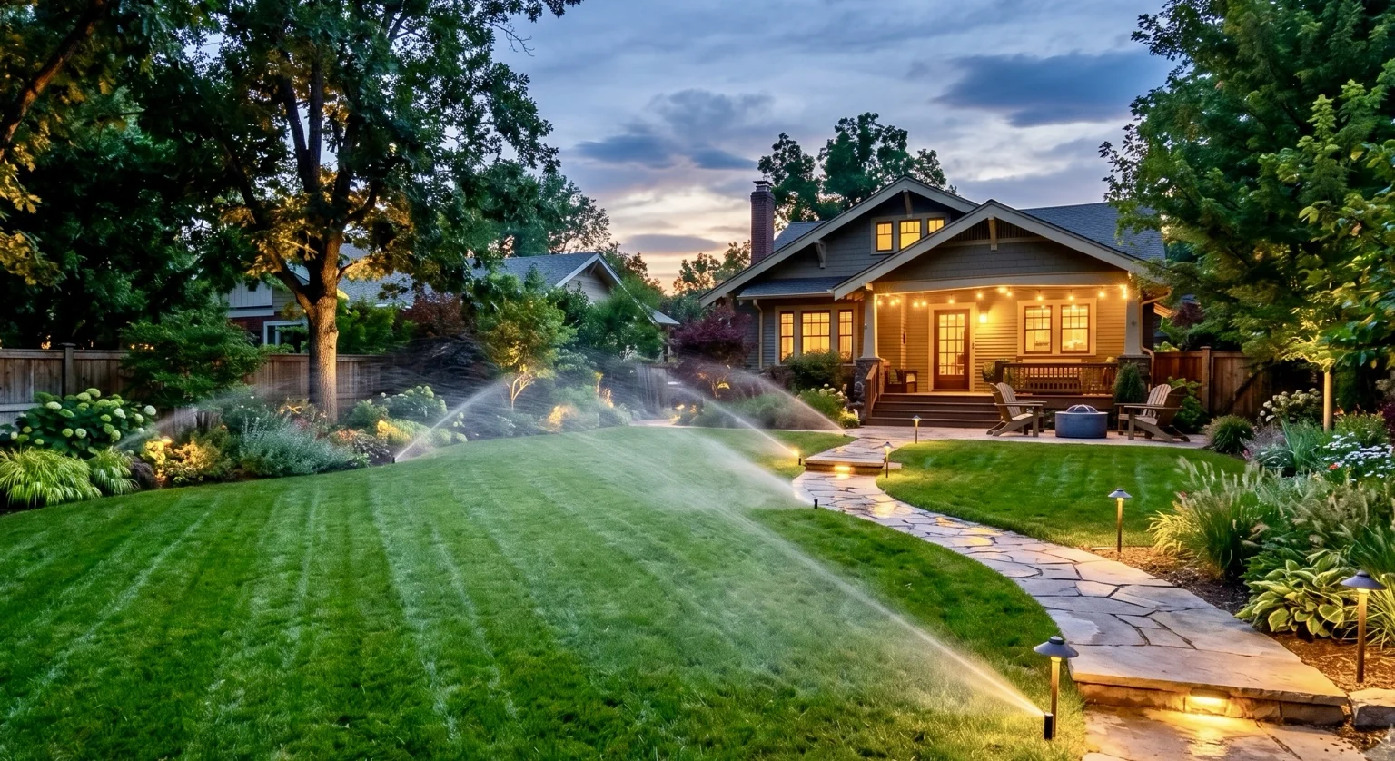 Outdoor lighting and irrigation sprinklers running across a finished backyard at dusk